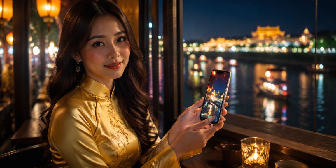 Người dùng tại Sài Gòn trải nghiệm casino trực tuyến trên điện thoại trong trang phục áo dài